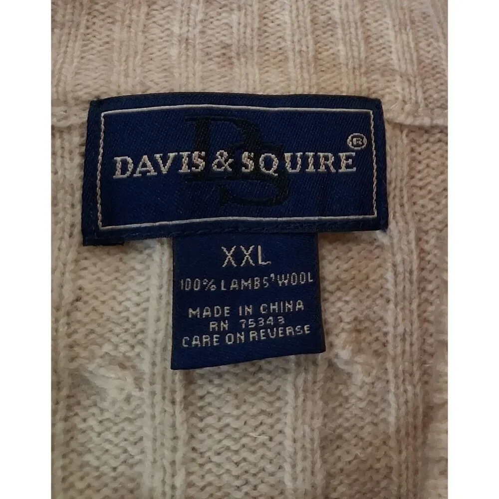 Davis & Squire Mens xxl sweater cable knit 100% lambswool beige Pullover